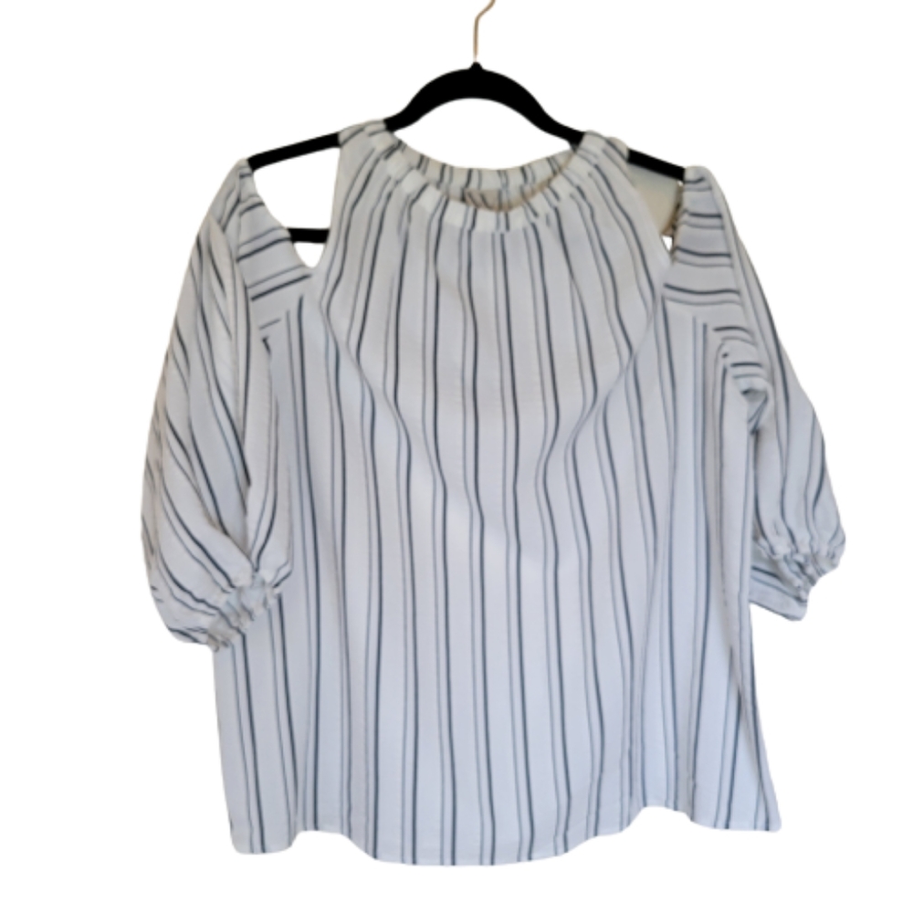 NWT Worthington L Casual Blouse White W/ black stripes cutout shoulders